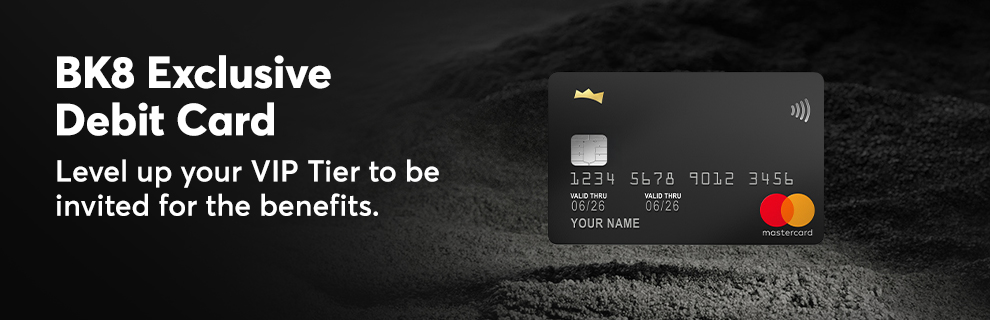 BK8 Exclusive Debit Card banner showing a black card and the line "Level up your VIP Tier to be invited for the benefits"