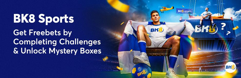 BK8 Sports banner for free bets from challenges and mystery boxes, with a player seated beside a shipping container