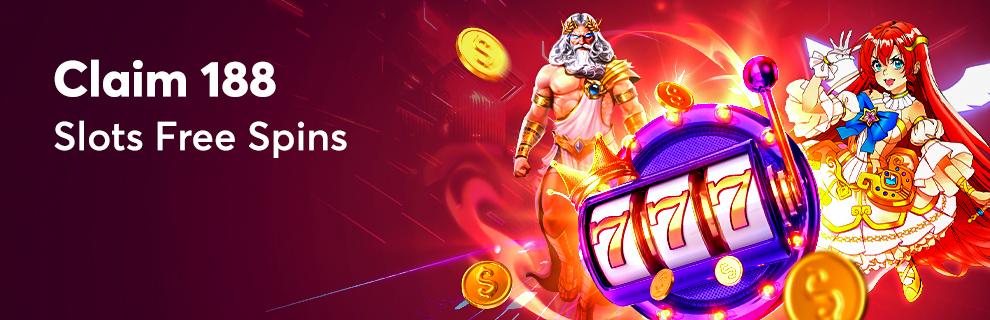 Claim 188 Slots Free Spins banner with a slot reel showing 777 and two slot characters