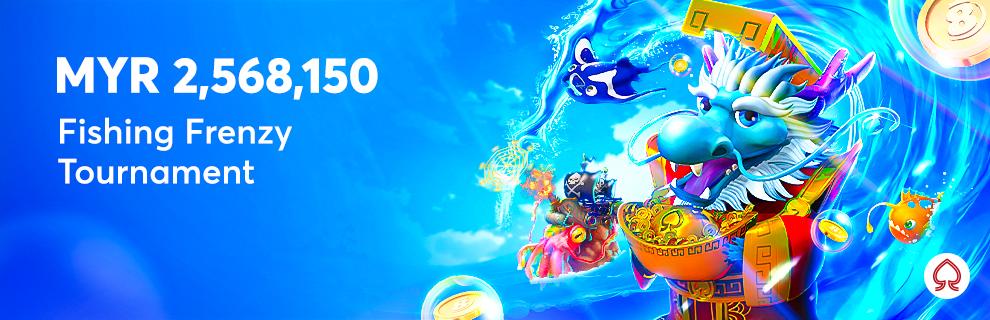 Spadegaming Fishing Frenzy tournament banner showing cartoon fish and a prize pool