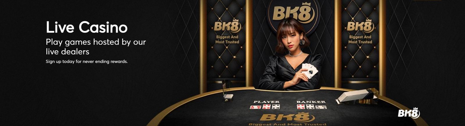 BK8 live casino Malaysia banner showing a dealer at a baccarat table