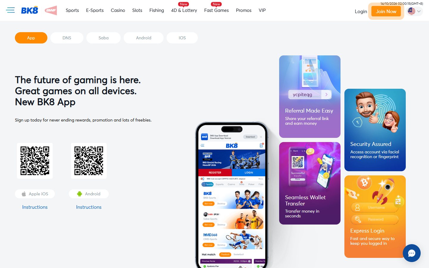 BK8 app download page with QR codes for Apple iOS and Android and the app's feature cards