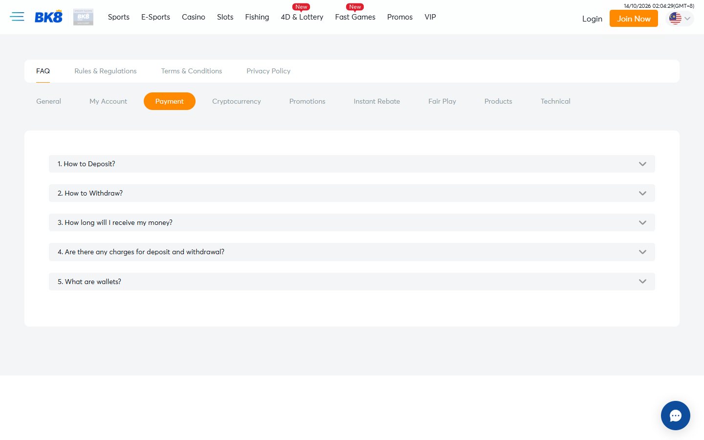 BK8's payment FAQ page on the Malaysian site, listing deposit, withdrawal and fee questions