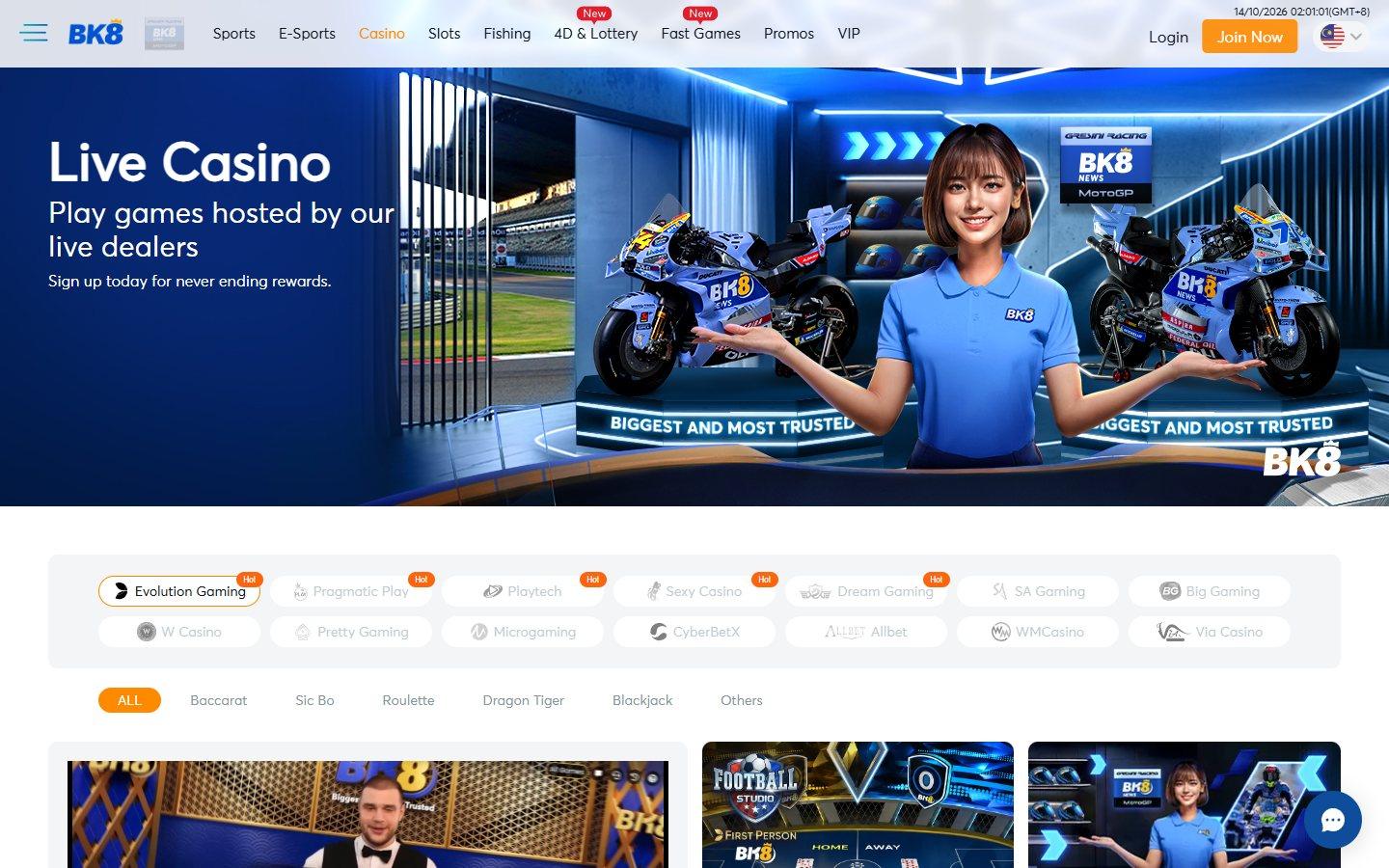 BK8's live casino lobby on desktop with tiles for each live casino provider