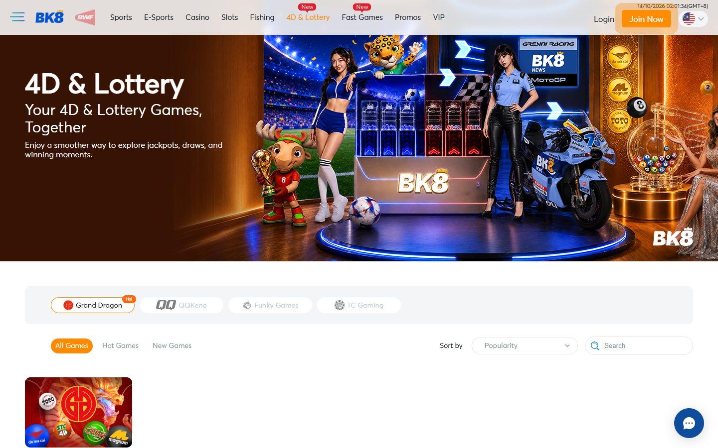BK8 4D and Lottery lobby with Grand Dragon, QQKeno, Funky Games and TC Gaming provider tabs, where you buy 4D online