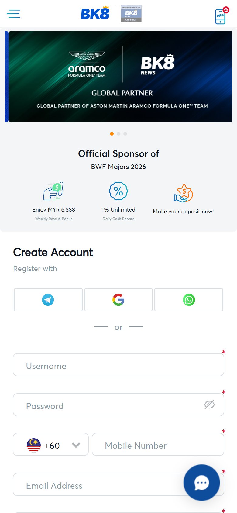 BK8 Malaysia register form on mobile with Telegram, Google and WhatsApp options above the username, password, mobile and email fields