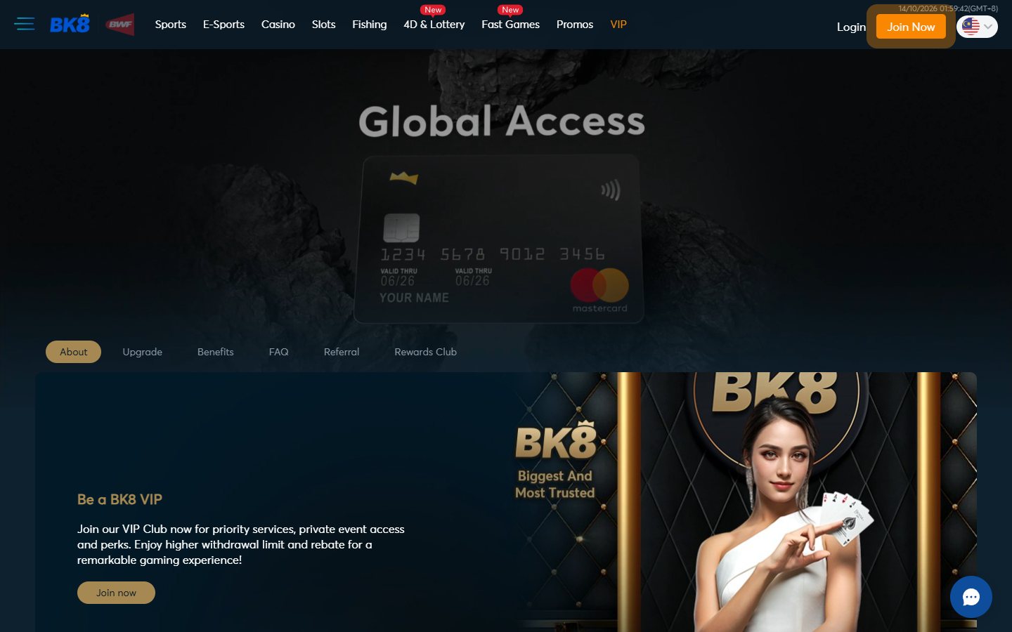 BK8's VIP page on desktop listing the Bronze, Silver, Gold, Platinum and Diamond tiers