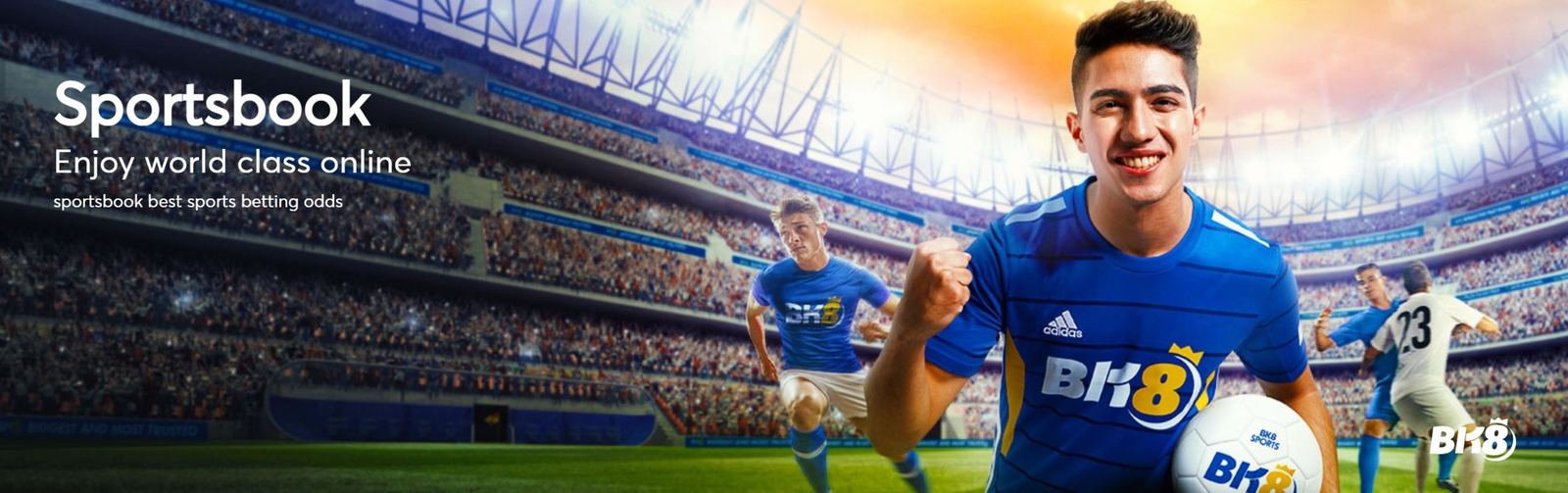 BK8 Sportsbook banner showing footballers in blue BK8 kit in a floodlit stadium, used for this sports betting Malaysia guide