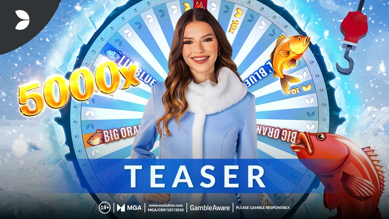 Ice Fishing live game show by Evolution, with the presenter, the wheel and a 5000x headline