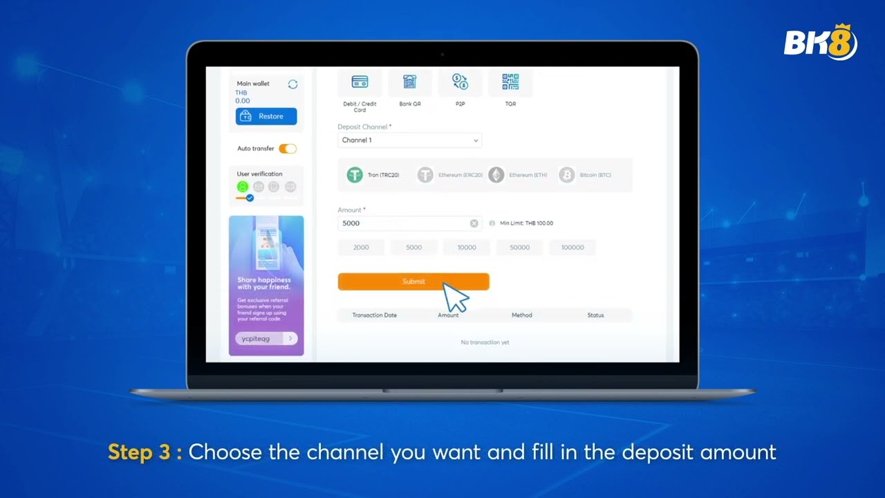 BK8 crypto deposit form with channel, coin and network choices and an amount field