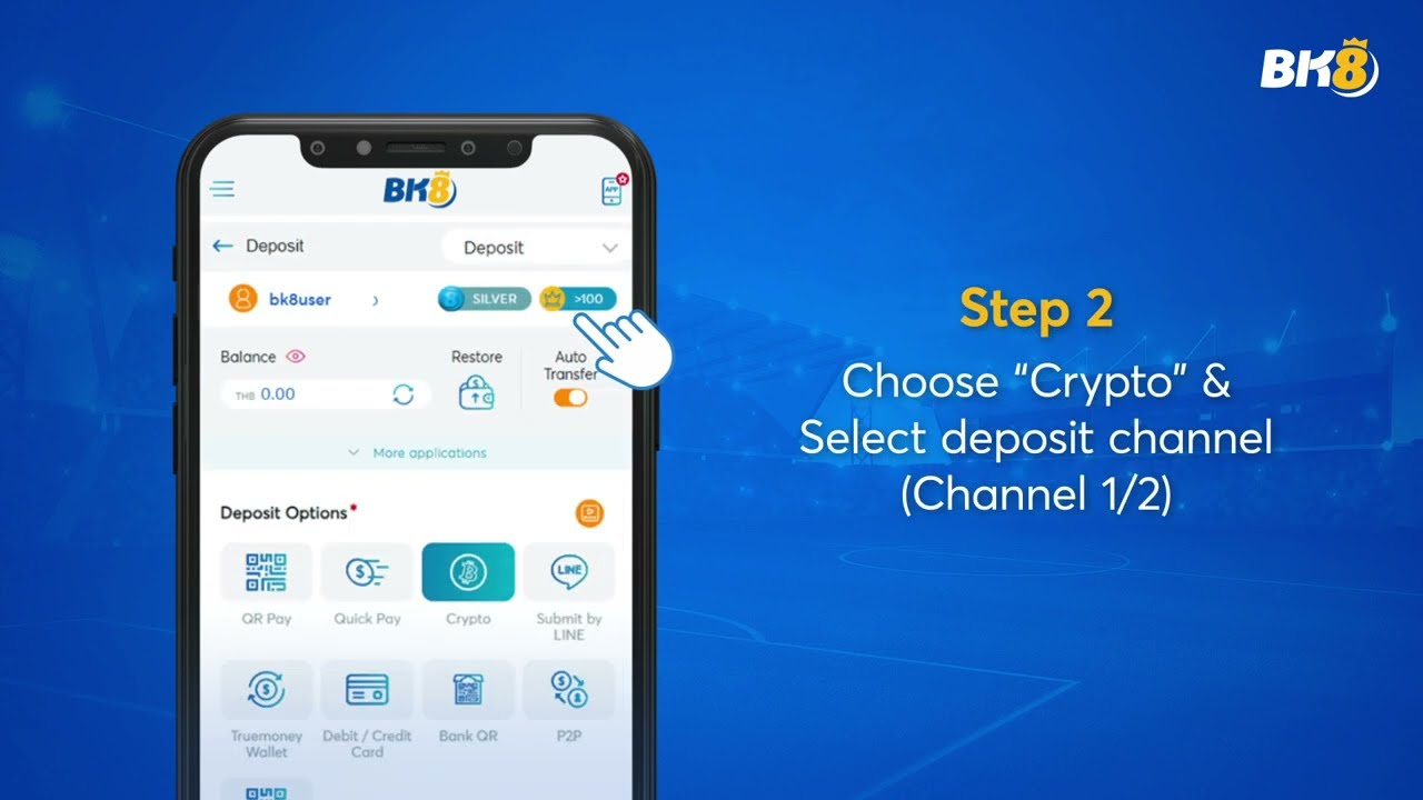 BK8 deposit screen with the Crypto option highlighted among the deposit methods