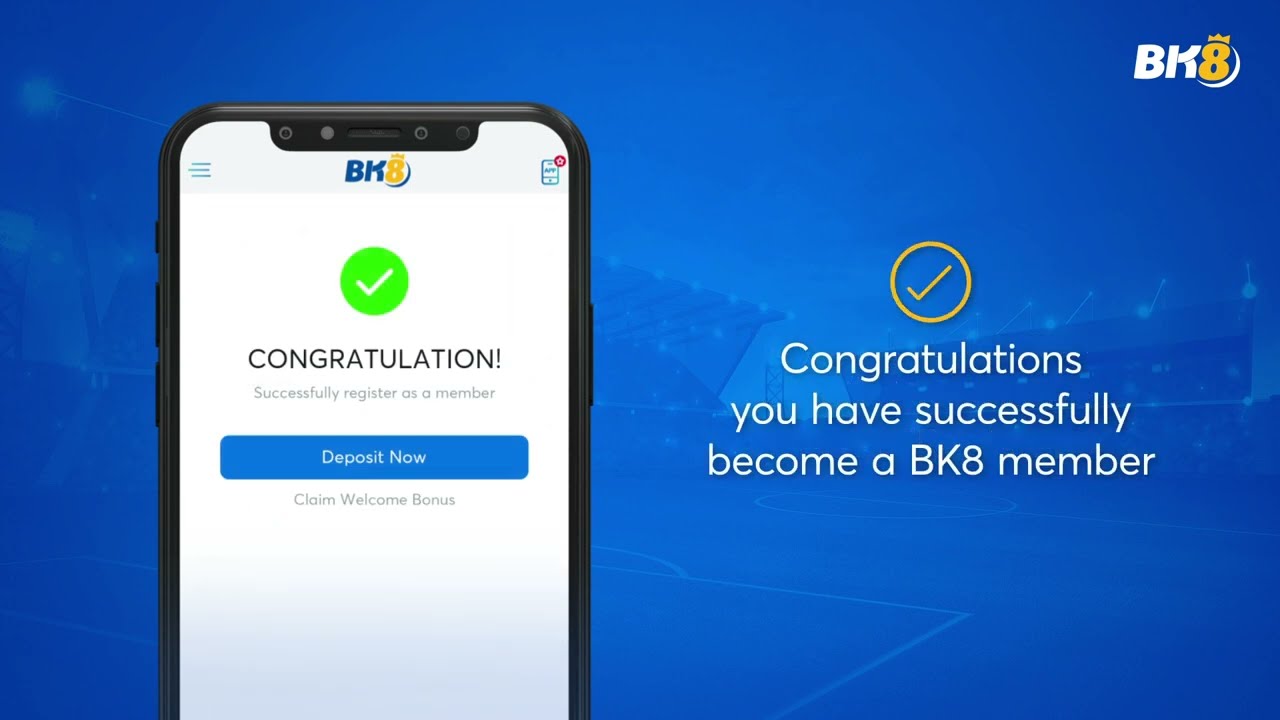 BK8 sign-up confirmation screen with a Deposit Now button